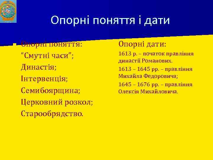 Опорні поняття і дати ■ ■ ■ ■ Опорні поняття: “Смутні часи”; Династія; Інтервенція;