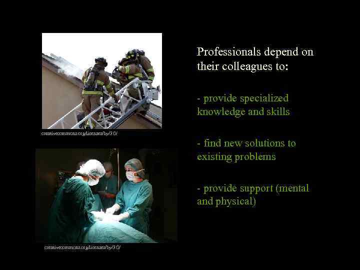 Professionals depend on their colleagues to: - provide specialized knowledge and skills creativecommons. org/licenses/by/3.