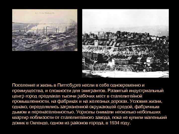 Поселение и жизнь в Питтсбурге несли в себе одновременно и преимущества, и сложности для