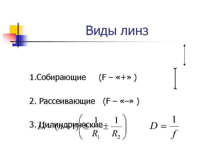 Виды линз 1. Собирающие (F – «+» ) 2. Рассеивающие (F – «–» )