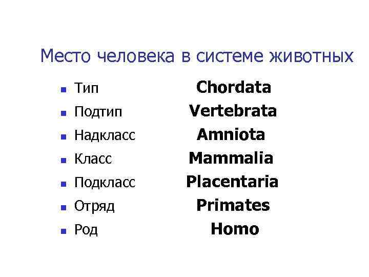 Место человека в системе животных n Тип n Подтип n Надкласс n Класс n