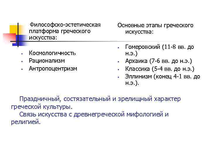  Философско-эстетическая платформа греческого искусства: • • • Космологичность Рационализм Антропоцентризм Основные этапы греческого