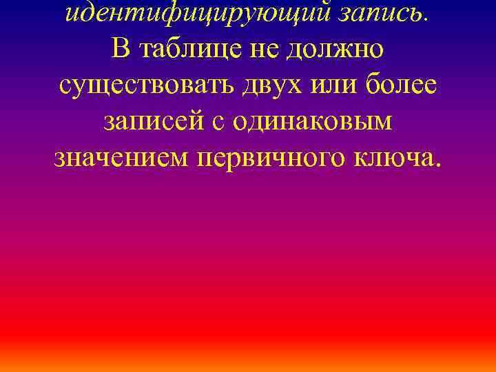 идентифицирующий запись. В таблице не должно существовать двух или более записей с одинаковым значением