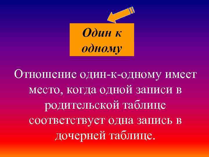 Один к одному Отношение один-к-одному имеет место, когда одной записи в родительской таблице соответствует