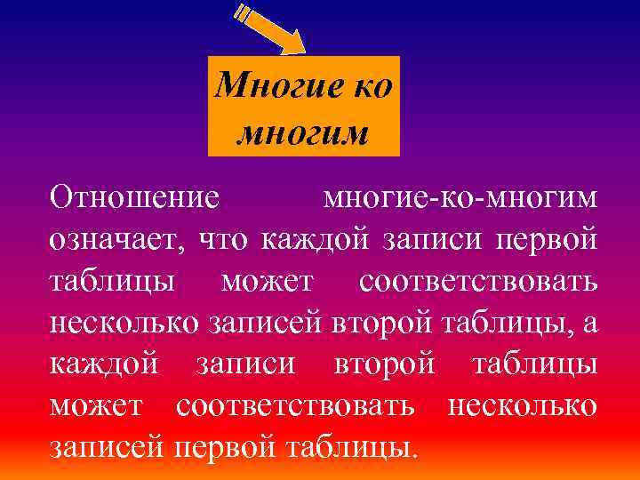 Многие ко многим Отношение многие-ко-многим означает, что каждой записи первой таблицы может соответствовать несколько