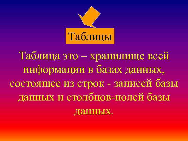 Таблицы Таблица это – хранилище всей информации в базах данных, состоящее из строк -