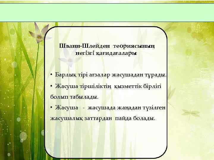 Шванн-Шлейден теориясының негізгі қағидағалары • Барлық тірі ағзалар жасушадан тұрады. • Жасуша тіршіліктің қызметтік