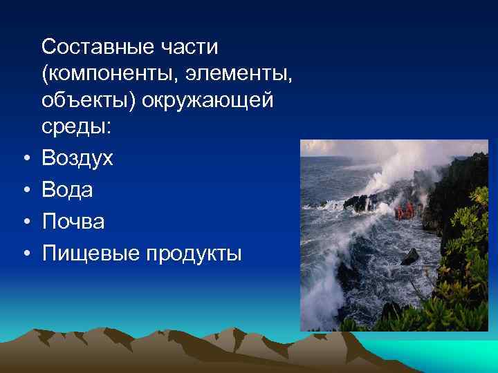  • • Составные части (компоненты, элементы, объекты) окружающей среды: Воздух Вода Почва Пищевые