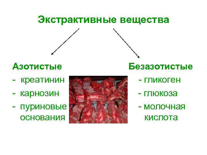 Экстрактивные вещества Азотистые - креатинин - карнозин - пуриновые основания Безазотистые - гликоген -