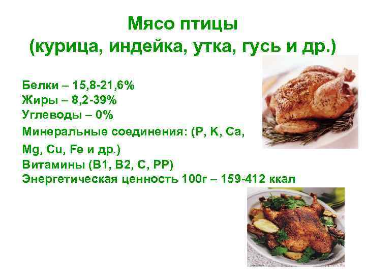 Мясо птицы (курица, индейка, утка, гусь и др. ) Белки – 15, 8 -21,
