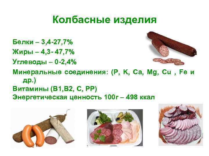Колбасные изделия Белки – 3, 4 -27, 7% Жиры – 4, 3 - 47,