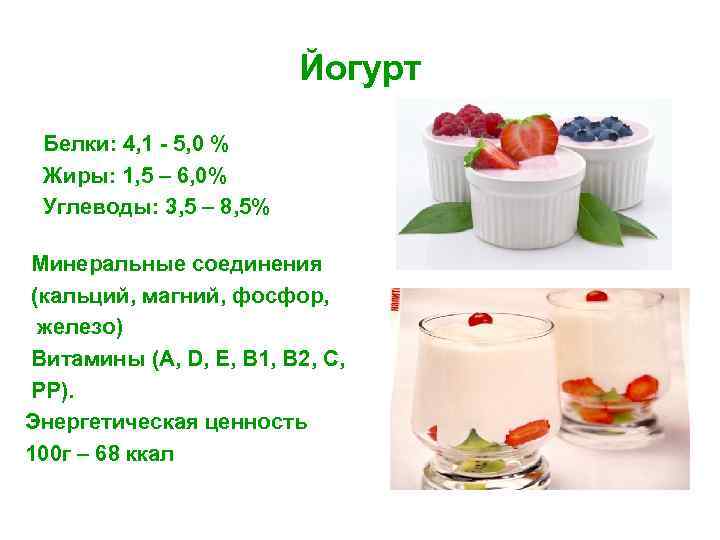 Йогурт Белки: 4, 1 - 5, 0 % Жиры: 1, 5 – 6, 0%