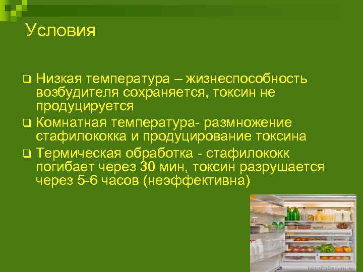 Условия Низкая температура – жизнеспособность возбудителя сохраняется, токсин не продуцируется q Комнатная температура- размножение