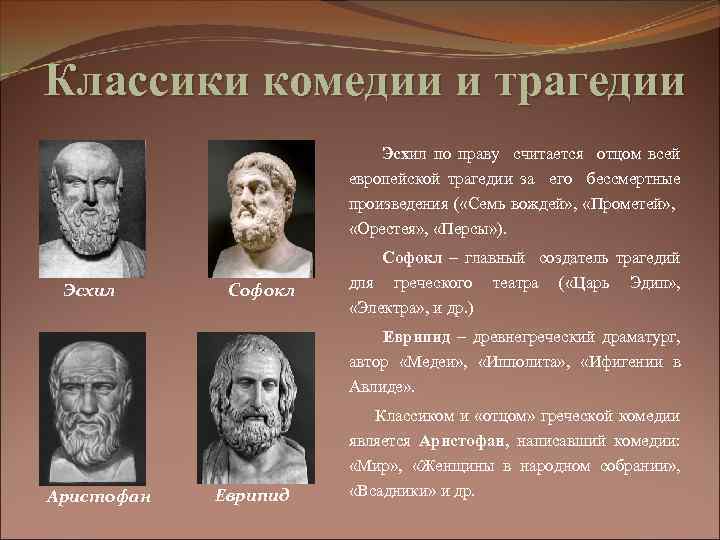 Классики комедии и трагедии Эсхил по праву считается отцом всей европейской трагедии за его