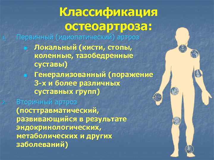 Классификация остеоартроза: 1. 2. Первичный (идиопатический) артроз n Локальный (кисти, стопы, коленные, тазобедренные суставы)