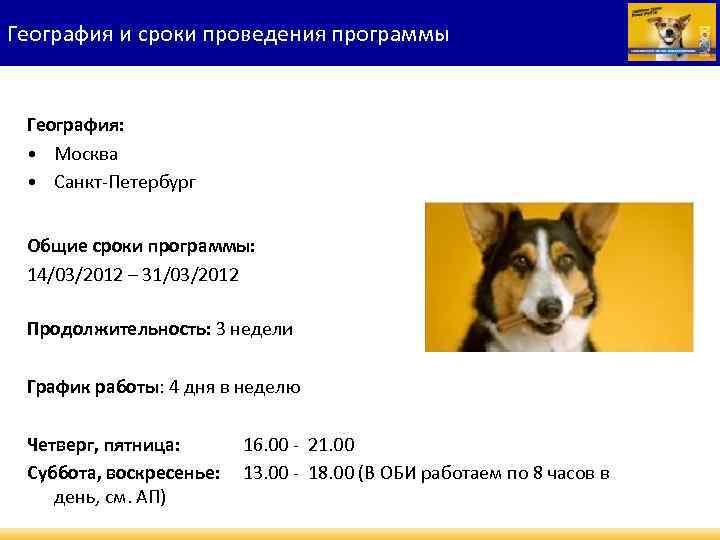 География и сроки проведения программы География: • Москва • Санкт-Петербург Общие сроки программы: 14/03/2012