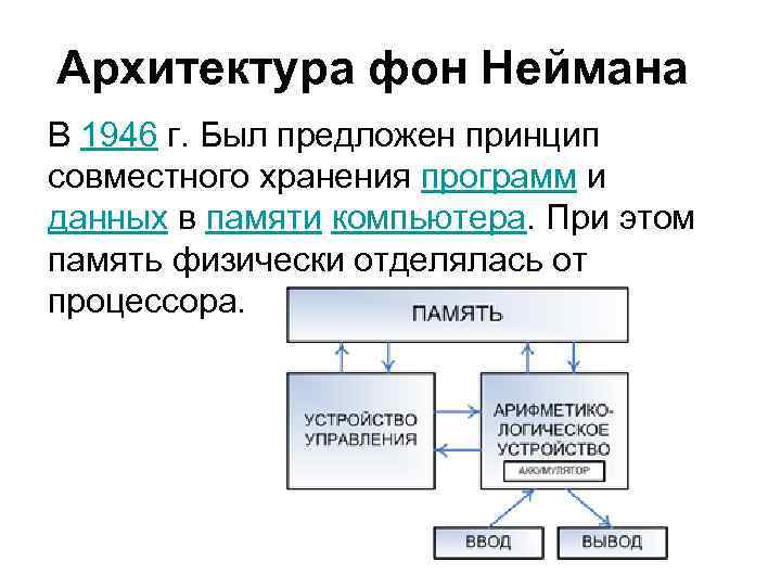 Архитектура фон Неймана В 1946 г. Был предложен принцип совместного хранения программ и данных