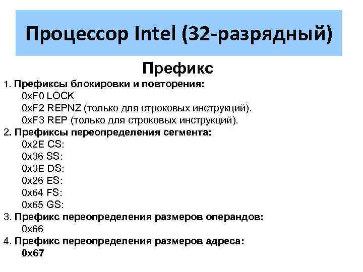 Процессор Intel (32 -разрядный) Префикс 1. Префиксы блокировки и повторения: 0 x. F 0