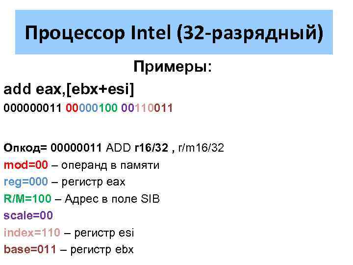 Процессор Intel (32 -разрядный) Примеры: add eax, [ebx+esi] 000000011 00000100 0011 Опкод= 00000011 ADD