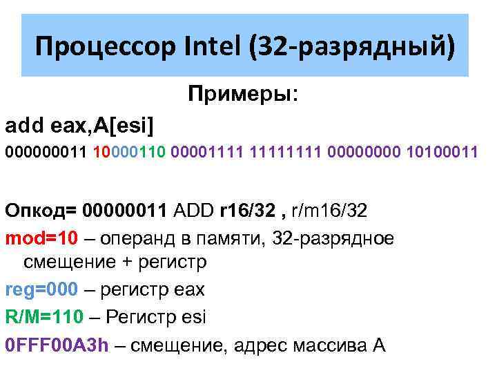 Процессор Intel (32 -разрядный) Примеры: add eax, A[esi] 000000011 10000110 00001111 0000 10100011 Опкод=