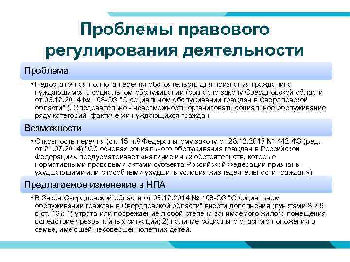 Проблемы правового регулирования деятельности Проблема • Недостаточная полнота перечня обстоятельств для признания гражданина нуждающимся