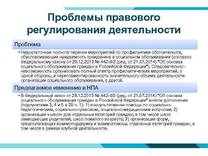 Проблемы правового регулирования деятельности Проблема • Недостаточная полнота перечня мероприятий по профилактике обстоятельств, обусловливающих