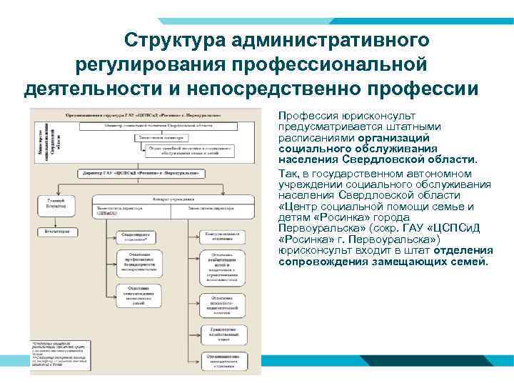 Структура административного регулирования профессиональной деятельности и непосредственно профессии Профессия юрисконсульт предусматривается штатными расписаниями организаций