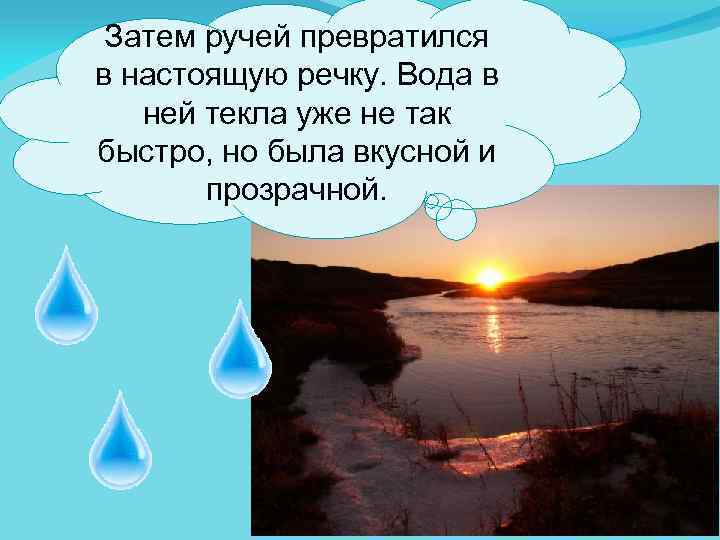 Затем ручей превратился в настоящую речку. Вода в ней текла уже не так быстро,