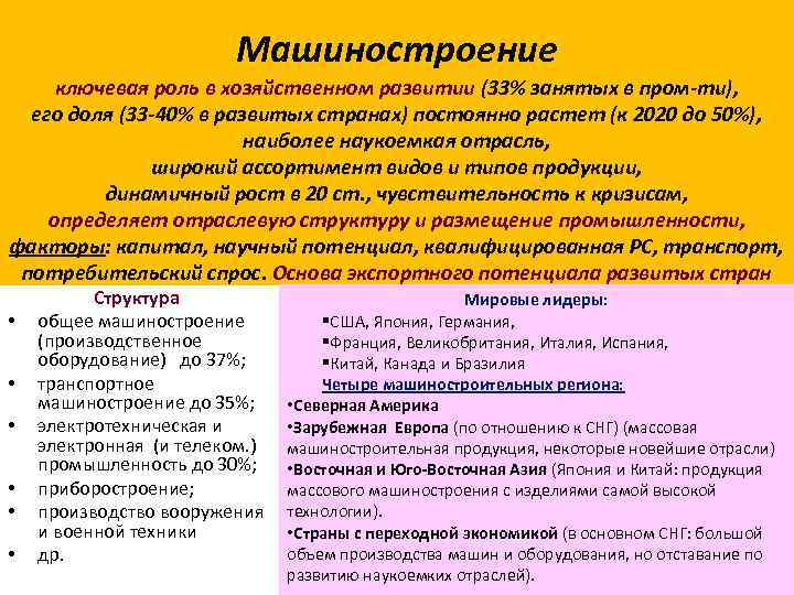 Машиностроение ключевая роль в хозяйственном развитии (33% занятых в пром-ти), его доля (33 -40%
