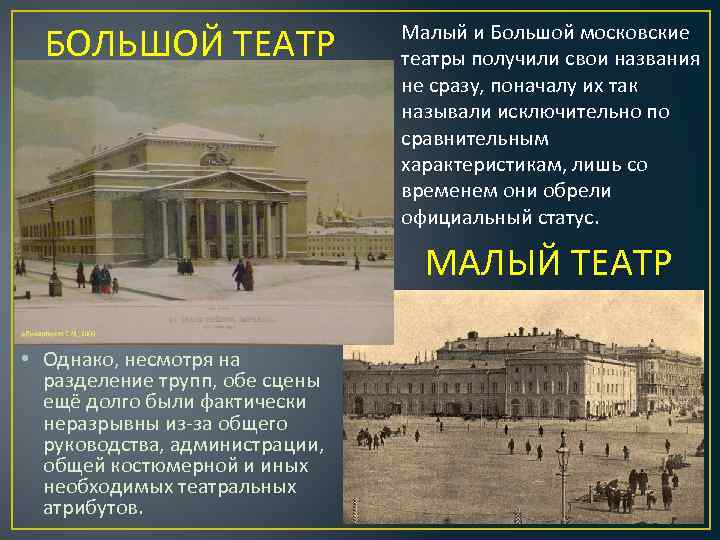 БОЛЬШОЙ ТЕАТР Малый и Большой московские театры получили свои названия не сразу, поначалу их