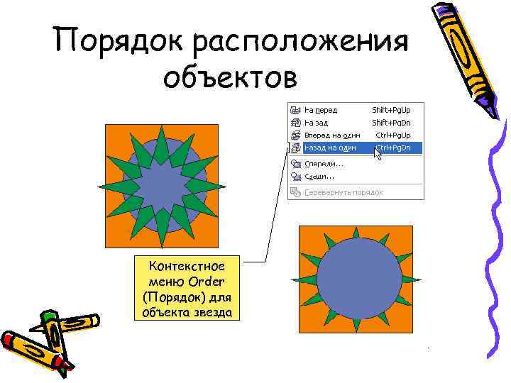 Порядок расположения объектов Контекстное меню Order (Порядок) для объекта звезда 