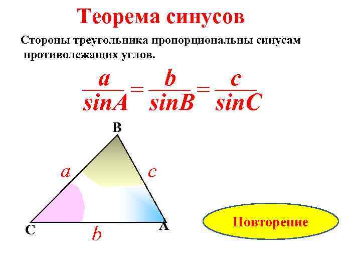 Теорема синусов Стороны треугольника пропорциональны синусам противолежащих углов. a b c = = sin.