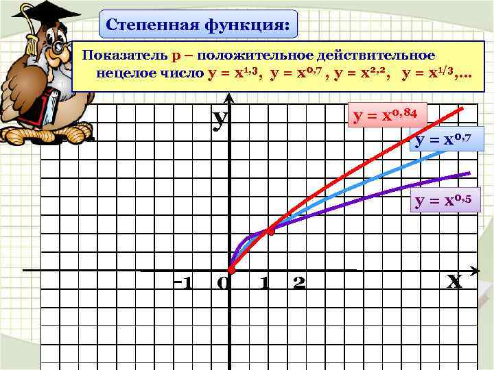 Степенная функция: Показатель р – положительное действительное нецелое число у = х1, 3, у