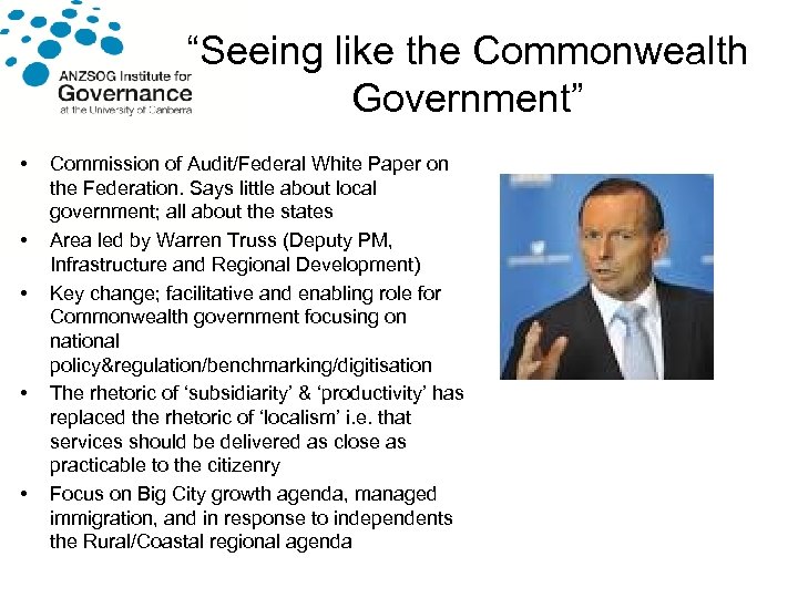 “Seeing like the Commonwealth Government” • • • Commission of Audit/Federal White Paper on