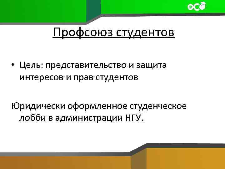 Профсоюз студентов • Цель: представительство и защита интересов и прав студентов Юридически оформленное студенческое