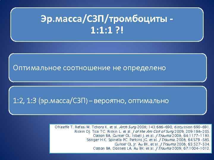 Эр. масса/СЗП/тромбоциты 1: 1: 1 ? ! Оптимальное соотношение не определено 1: 2, 1: