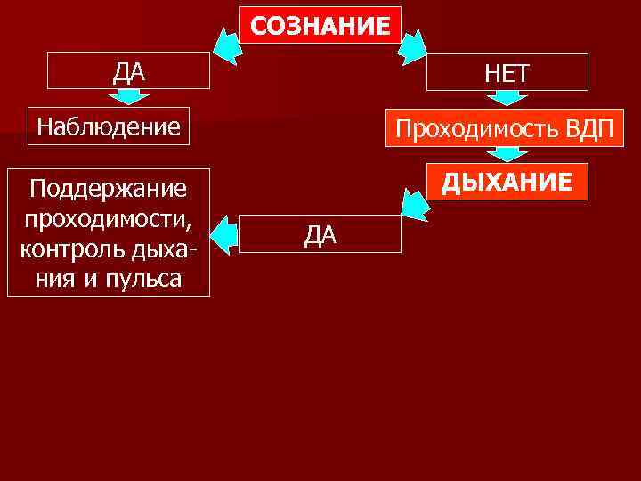 СОЗНАНИЕ ДА НЕТ Наблюдение Проходимость ВДП Поддержание проходимости, контроль дыхания и пульса ДЫХАНИЕ ДА