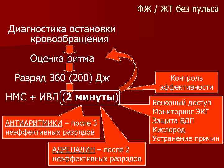 ФЖ / ЖТ без пульса Диагностика остановки кровообращения Оценка ритма Разряд 360 (200) Дж