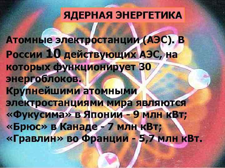 ЯДЕРНАЯ ЭНЕРГЕТИКА Атомные электростанции (АЭС). В России 10 действующих АЭС, на которых функционирует 30
