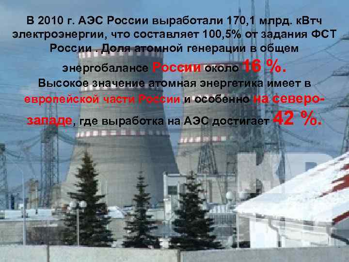 В 2010 г. АЭС России выработали 170, 1 млрд. к. Втч электроэнергии, что составляет