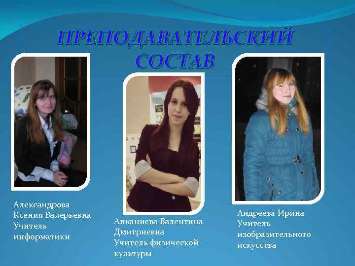 ПРЕПОДАВАТЕЛЬСКИЙ СОСТАВ Александрова Ксения Валерьевна Учитель информатики Апканиева Валентина Дмитриевна Учитель физической культуры Андреева