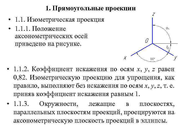 1. Прямоугольные проекции • 1. 1. Изометрическая проекция • 1. 1. 1. Положение аксонометрических