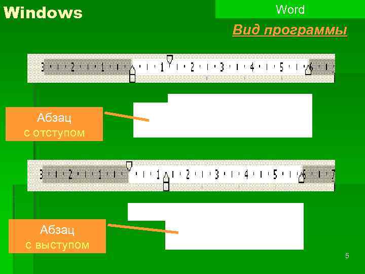 Windows Word Вид программы Абзац с отступом Абзац с выступом 5 