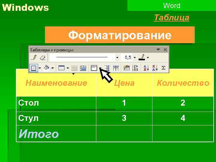 Windows Word Таблица Форматирование Наименование Цена Количество Стол 1 2 Стул 3 4 Итого