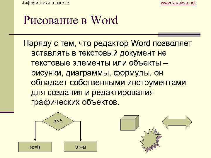 Информатика в школе www. klyaksa. net Рисование в Word Наряду с тем, что редактор