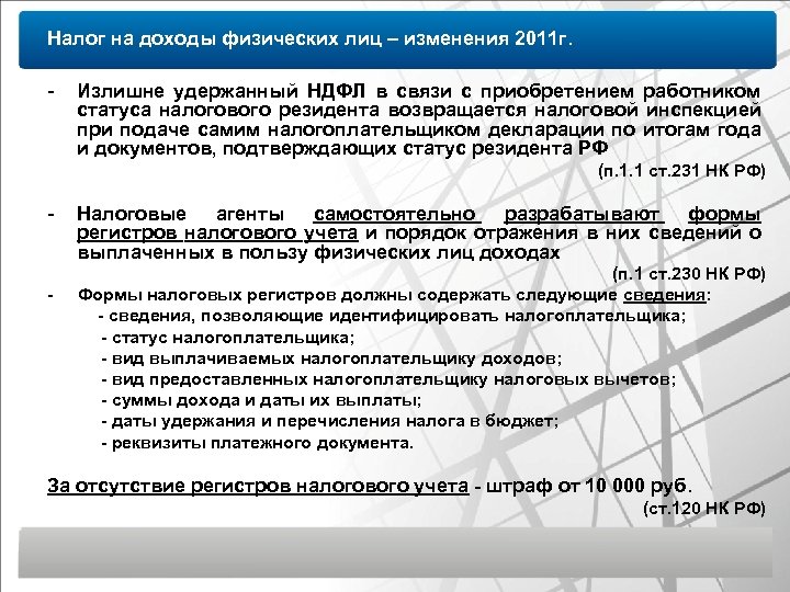 Налог на доходы физических лиц – изменения 2011 г. - Излишне удержанный НДФЛ в