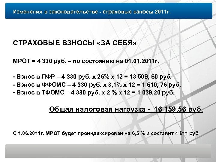 Изменения в законодательстве - страховые взносы 2011 г. СТРАХОВЫЕ ВЗНОСЫ «ЗА СЕБЯ» МРОТ =