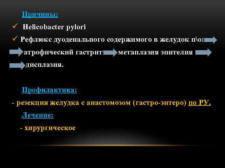 Причины: ü Helicobacter pylori ü Рефлюкс дуоденального содержимого в желудок по: атрофический гастрит метаплазия