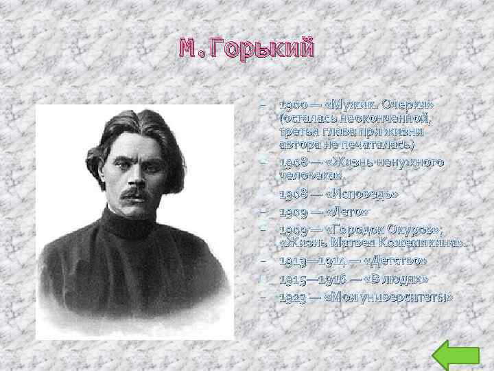 М. Горький 1900 — «Мужик. Очерки» (осталась неоконченной, третья глава при жизни автора не