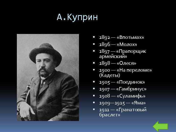 А. Куприн 1892 — «Впотьмах» 1896 — «Молох» 1897 — «Прапорщик армейский» 1898 —